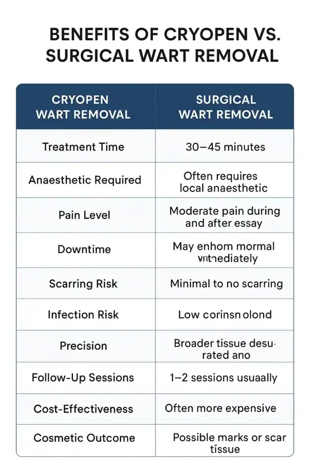 Table showing the benefits of cryopen to remove warts Kew compared to surgical treatment